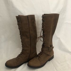 Below the Knee Brown Faux Leather Combat Boot